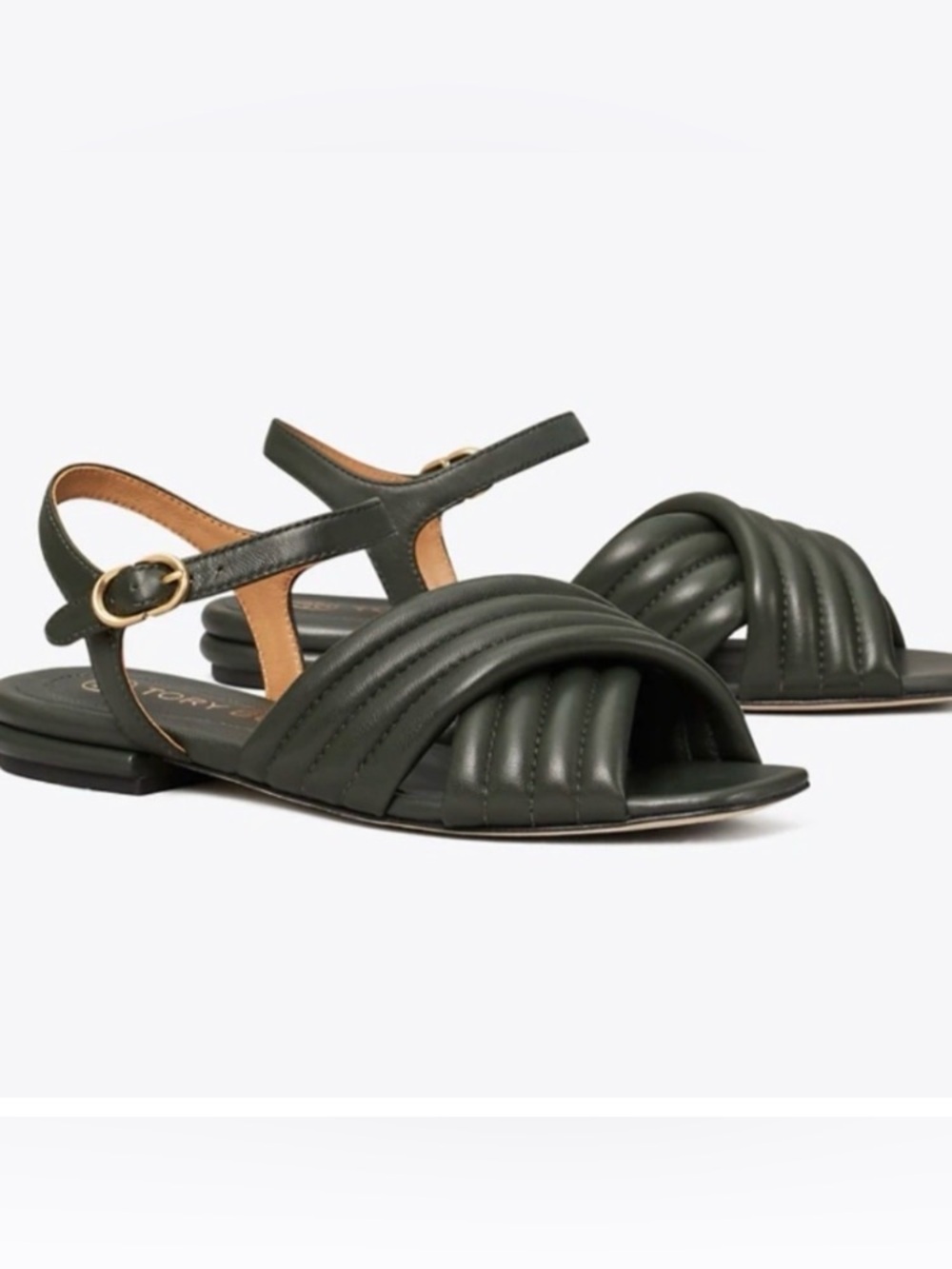 TORY BURCH KIRA QUILTED ANKLE STRAP SANDAL RICH DARK GREEN GOLD HARDWARE SZ 7